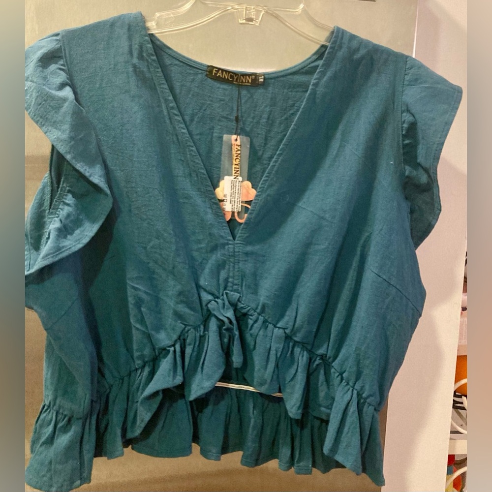 Fancyinn Blouse with Ruffled Cap Sleeves and Tie Front - Teal Blue/ GreenNWT - Picture 4 of 5